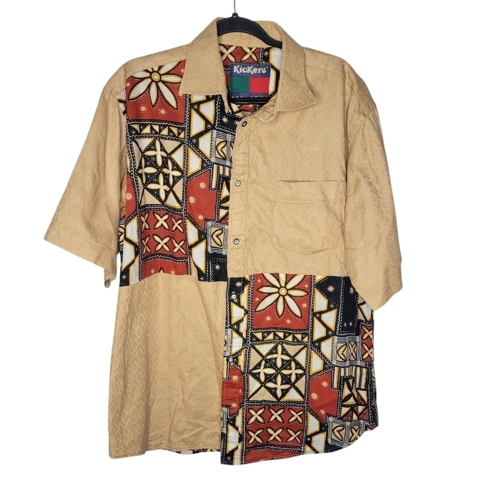 Vintage 90s Kickers Patchwork Floral Button Down Short Sleeve Shirt Size XL